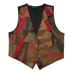Exceptional Leather Suede Patchwork Vest Embroidered Boho Western Size L